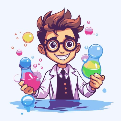 Funny cartoon scientist holding test tubes with colorful liquids