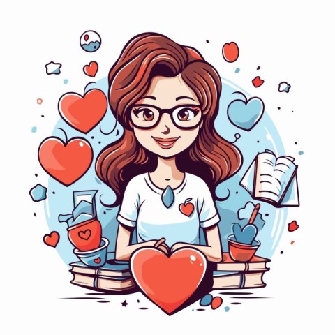 Vector illustration of a girl in glasses sitting on books and ho