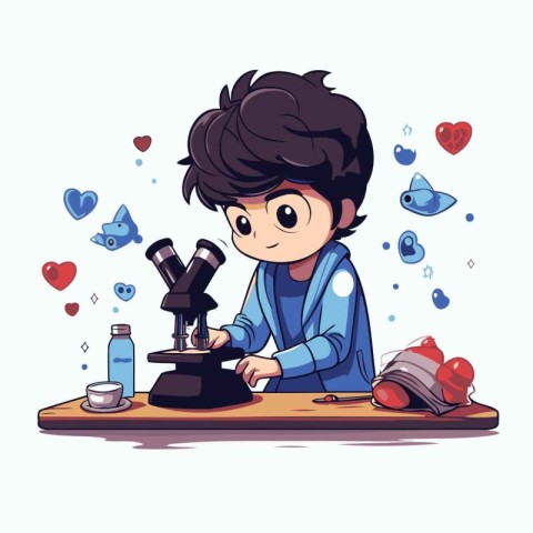 Vector illustration of a boy with a microscope and a heart on a