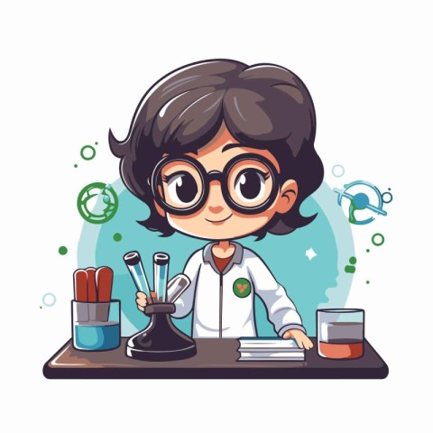 Scientist boy working in laboratory cartoon character vector ill