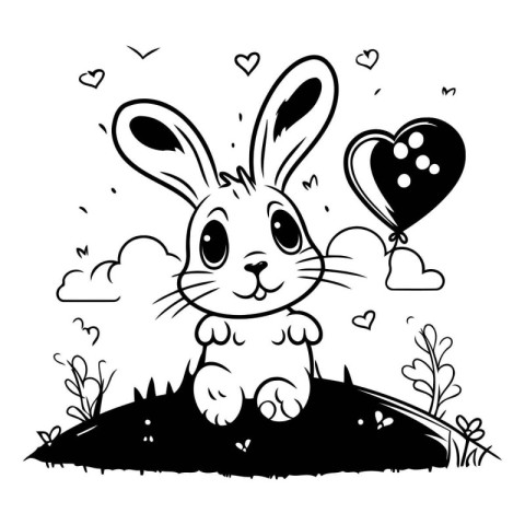 Easter bunny in the grass with hearts. Black and white vector il