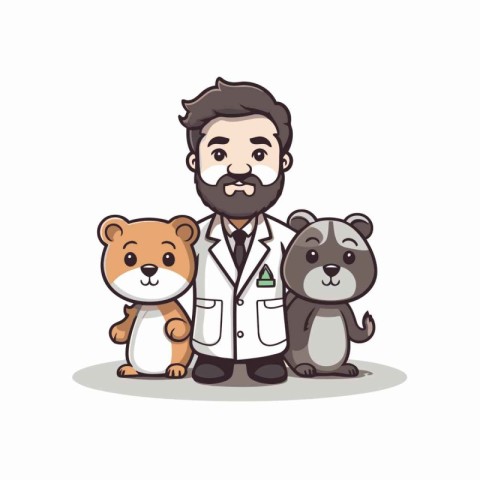 Veterinarian with dog and bear cartoon character vector illustra