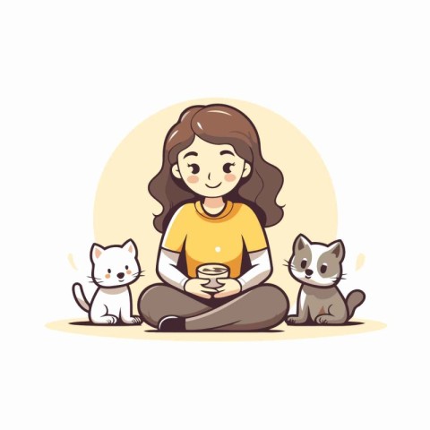 Cute girl sitting on the floor with her cats. Vector illustratio