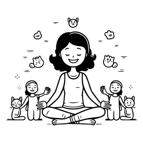 Woman meditating with cat and dog. black and white vector illust