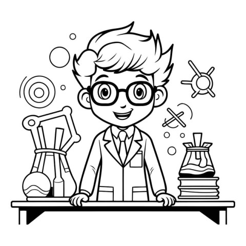 Black and White Cartoon Illustration of Scientist Character for