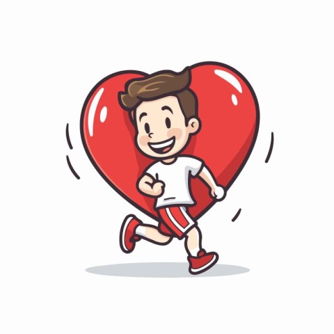 Happy boy running with heart shape balloon. valentines day vecto