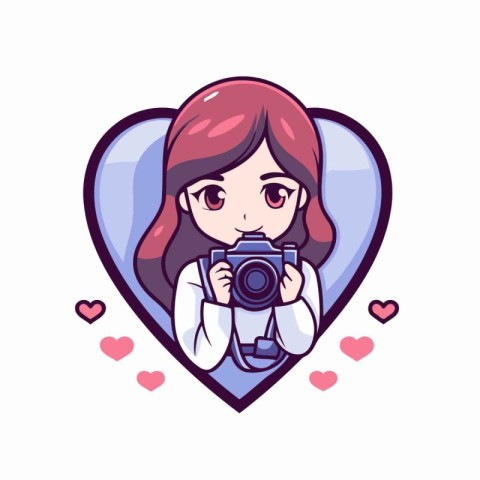 Illustration of a cute girl holding a camera in a heart shape