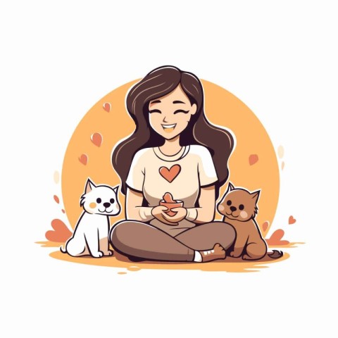 Cute girl sitting with dogs. Vector illustration in cartoon styl