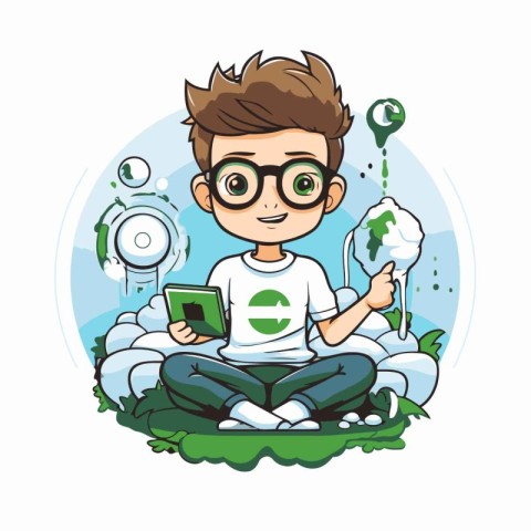 Boy reading a book in the park. Vector cartoon character illustr