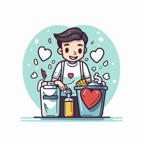 Cute cartoon boy with trash can. Cleaning concept. Vector illust