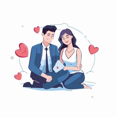 Couple in love sitting on the floor and holding hands. Vector il