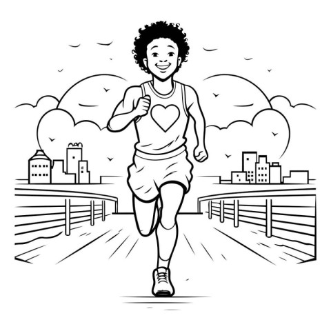 Young african american woman jogging in the city. Vector illustr