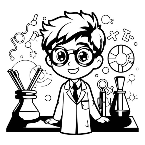 Scientist boy cartoon character with science tools. Black and wh