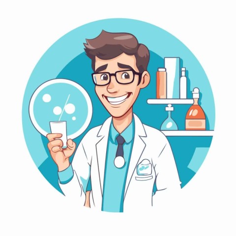 Vector illustration of a smiling male doctor holding a pill in h