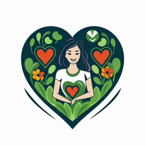 Vector illustration of a girl in a heart shape with flowers and