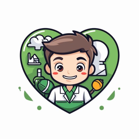 Cute boy doctor in heart shape. Vector illustration. Health care