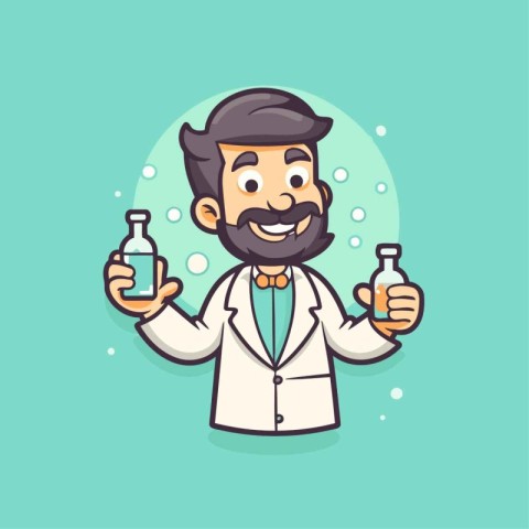 Cartoon doctor holding a bottle of medicine. Vector illustration