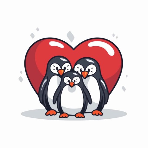 Cute penguin couple with red heart. Valentines day vector illust