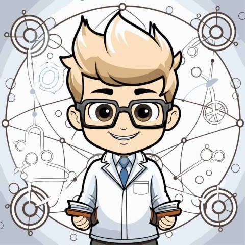 Vector illustration of a boy scientist in glasses and a white co