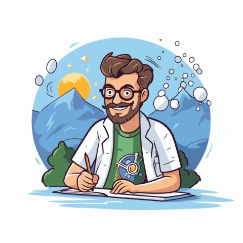 Cartoon vector illustration of a young male doctor with a beard