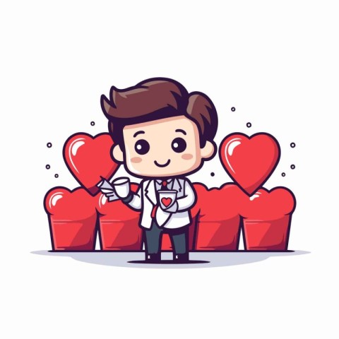 Cute cartoon doctor in love with red heart. Vector illustration.