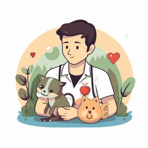 Veterinarian with cat and dog. Vector illustration in cartoon st