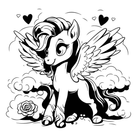 Unicorn with wings and hearts. Black and white vector illustrati