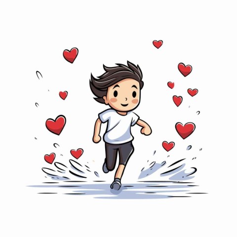 Boy running with hearts around him. Vector illustration on white