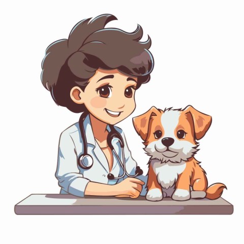 Veterinarian with a dog in the vet clinic. Vector illustration