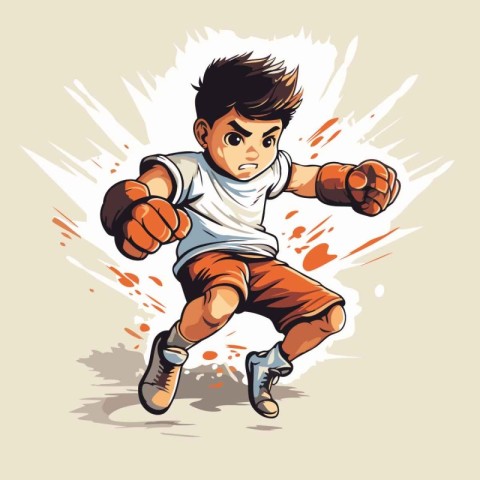 Cute little boy doing a kick. Vector illustration in cartoon sty