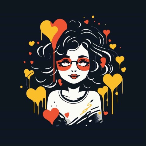 Fashion girl in sketch-style with hearts. Vector illustration.