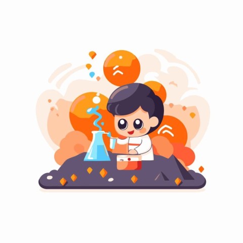 Cute boy cartoon character doing chemical experiments in the lab