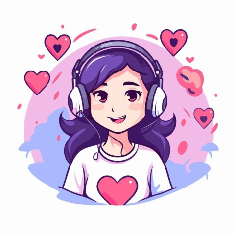 Cute girl with headphones and hearts around her. Vector illustra