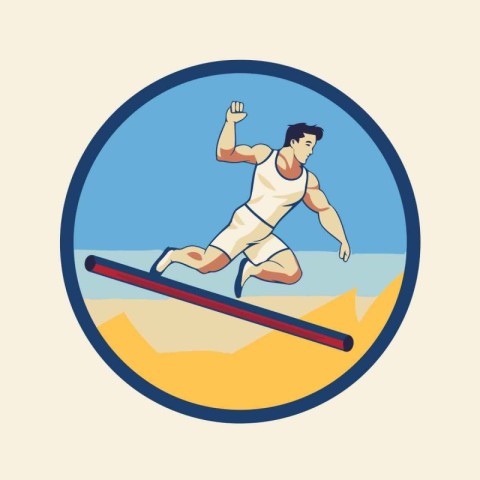 Athlete running on surfboard on the beach. Vector illustration.