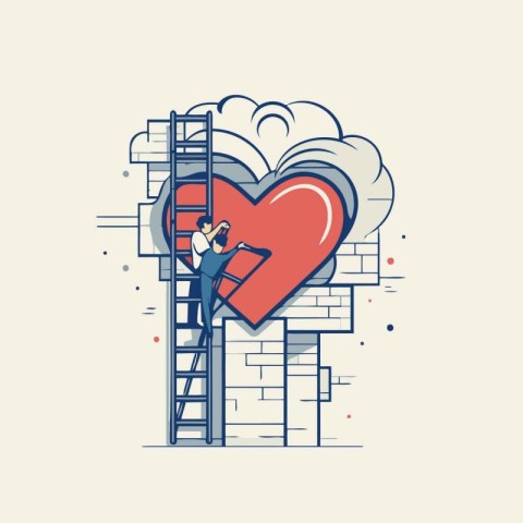 Vector illustration of man building heart on ladder. Line art de