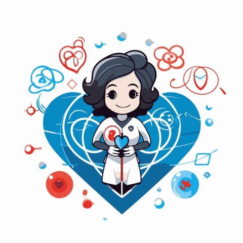 Cute girl in a white coat holding a heart. Vector illustration.