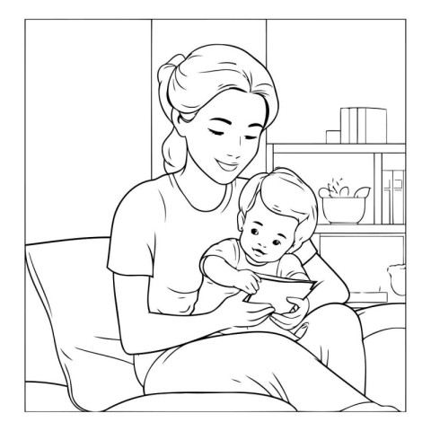 Mother with her baby. Black and white vector illustration for co