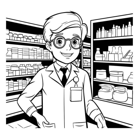 Man pharmacist in the drugstore. Black and white illustration.