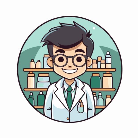 Scientist cartoon character design vector illustration. Round ic