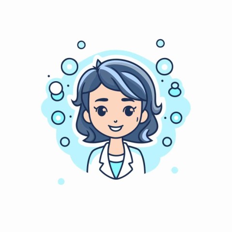 Cute girl in lab coat with soap bubbles. Vector illustration.