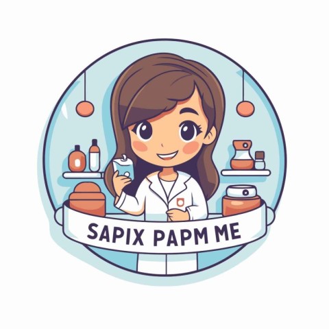 Cartoon girl cosmetologist in round badge. Vector illustration.