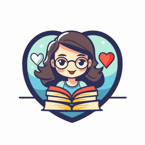 Cute girl reading a book in a heart shape. Vector illustration.