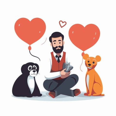 Man with dog and bear in love. Valentine's day. Vector illustrat