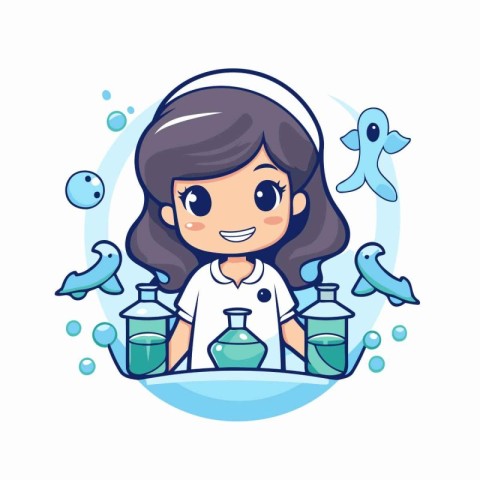 Cute girl scientist with flasks and birds. Vector illustration.