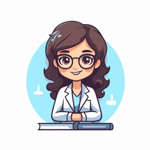 Cartoon girl scientist in glasses and lab coat. Vector illustrat