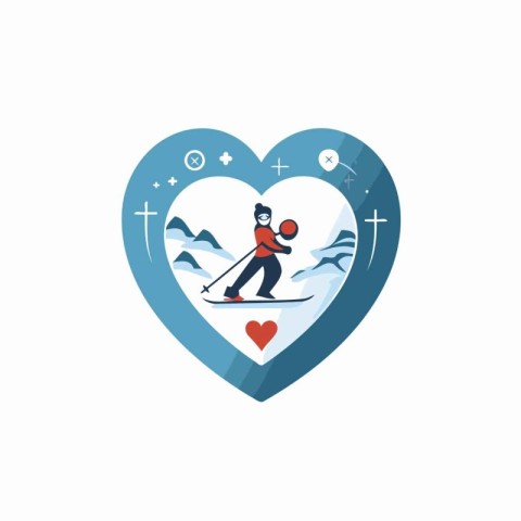 Vector illustration of skier in the heart. Flat style design.