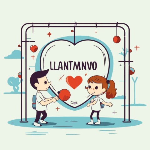 Loving couple holding a heart in the park. Vector illustration.