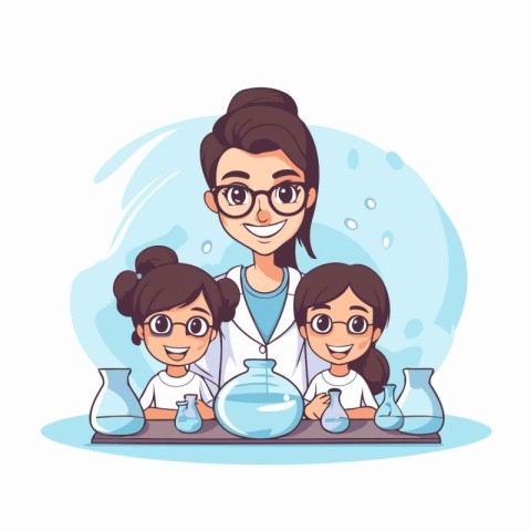 Scientist with children in laboratory. Vector illustration in ca