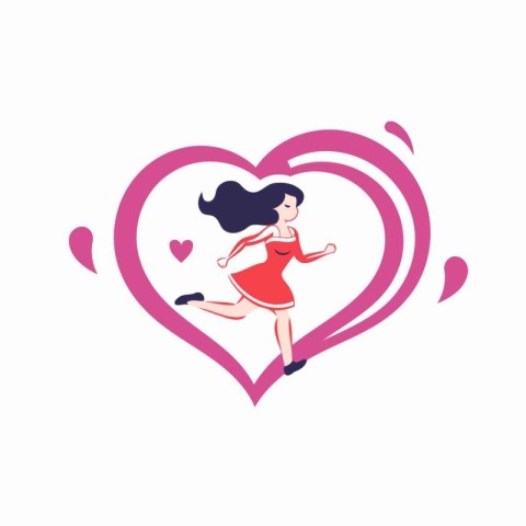 Woman running in heart shape. Vector illustration in flat cartoo