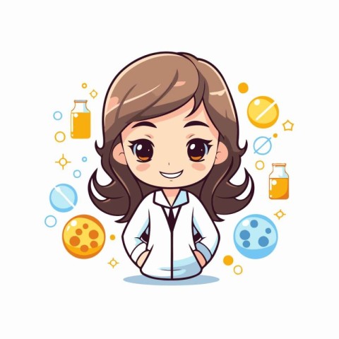 Cute little girl cartoon character with science equipment. Vecto